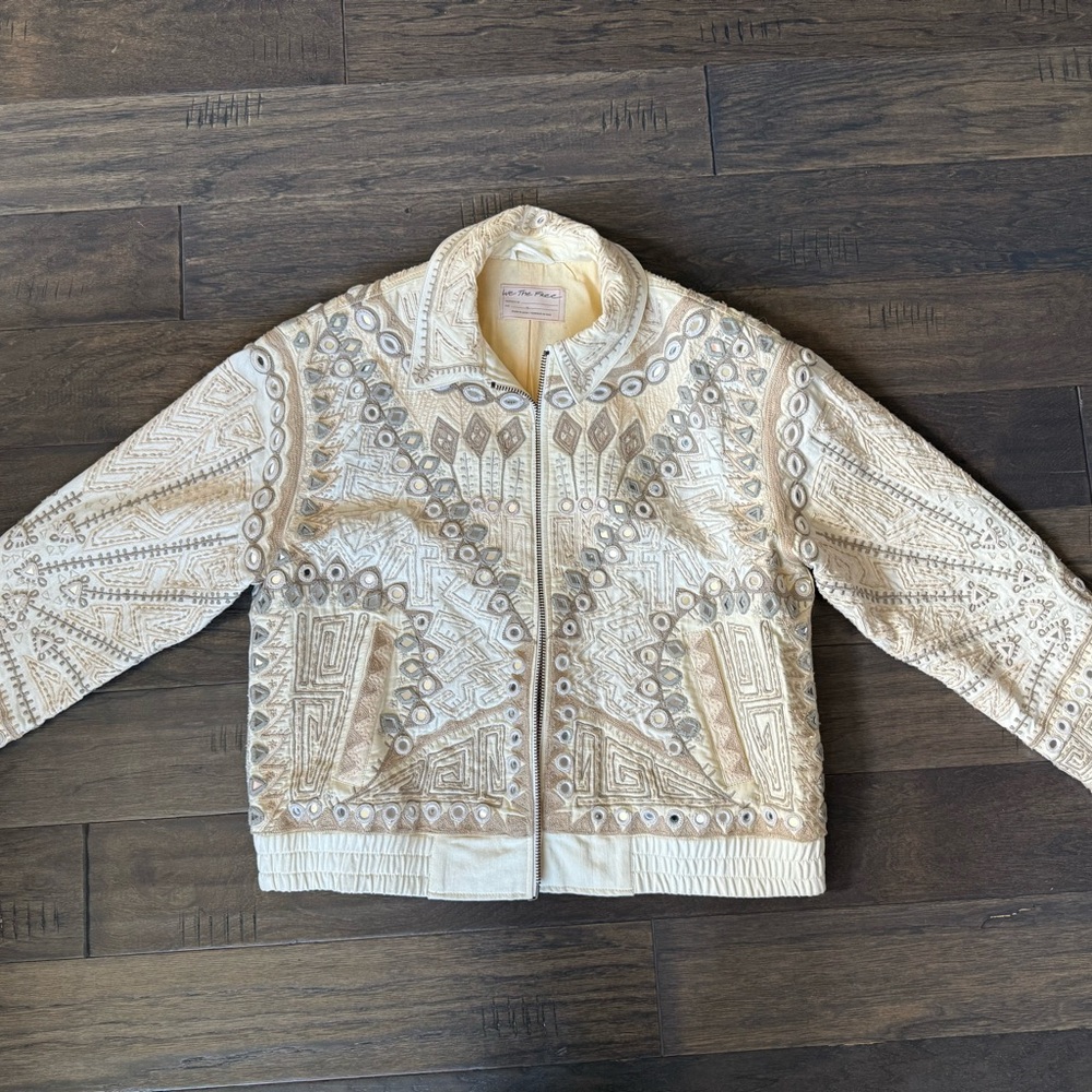 Free People Cream and Brown Bomber Jacket with Intricate Embellishments